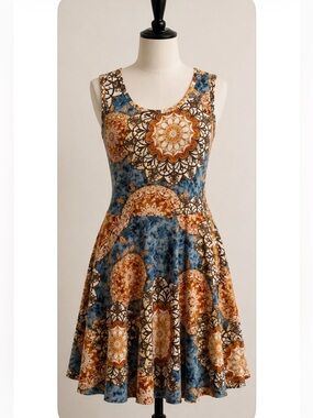 LuLaRoe Sleeveless Midi Dress in Blue Brown and Gold Medallion Print Size L